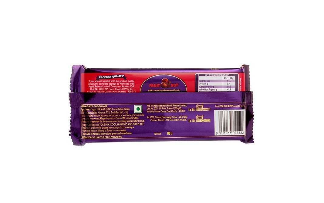 Cadbury Dairy Milk Fruit & Nut   Pack  80 grams